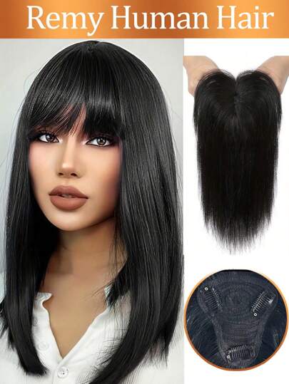 Gerader Topper Haaraufsatz mit Pony in T-Form für Frauen, unsichtbare Clips zum Einfügen in Haare für Frauen mit schütterem Haar, natürlich aussehende Echthaar-Topper-Haarverlängerung für den täglichen Gebrauch, 10 Zoll, natürliches Schwarz