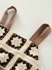 2pcs Girls Casual Floral Woven Ribbon Texture Vest And Long Pants Set, Summer - Brown - View 3