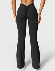 VOYJOY Scrunch Flare Leggings Daze V Back Butt Lifting Wide Leg High Waist 31.5" Gym Workout Yoga Pants - 黑色 - 查看 6