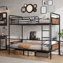 Cocosity Metal Twin Over Twin Bunk Bed With Storage Bag 2 Convertible Twin Beds , Antique Wood Grain - 黑色 - 查看 1