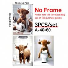 3pcs Scottish Highland Cow Funny Bathroom Print, Farm Animal Humor, Whimsical Highland Cow Lover Gift, Wall Canvas Art, Vintage Western Home Decor , Cottagecore Posters For Room, Funny Wall Decor , Room Decor Aesthetic, Room Decoration Stuff
