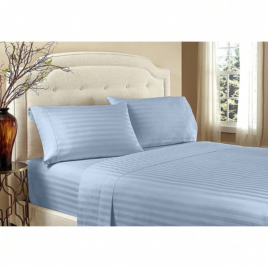 Hotel Collection 1800 Super Soft & Wrinkle Free Luxurious Stripe 6-Piece Sheet Set With Extra Pillowcases - Màu xanh lam - Xem 1