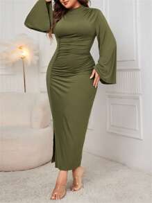 Women Autumn Long Fitted Dress Long Sleeve Round Neck Split Hem Solid Color Plus Size Dress - Green - View 3