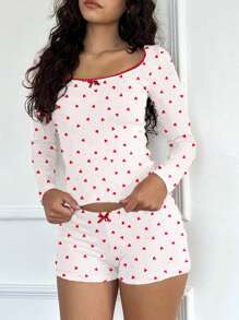 Women Pajamas Sets Heart/Flower/Bow Print Long Sleeves Crew Neck Tops And Elastic Waisted Button Down Shorts Loungewear Pjs Set