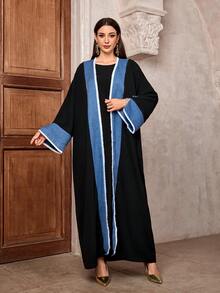 时尚拼布开叉袖和服长袍超大穆斯林流苏长袍女士伊斯兰服装长外套外长袍