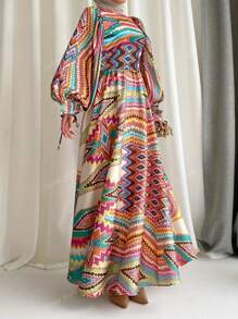 All-Over Print Long Modest Dress, Vacation Lantern Sleeve Round Neck Colorful Waistline