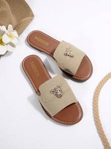 Women's Open Toe Flat Sandals With Metal Leopard Decoration, Strap Slip-On, Khaki Color, Elegant Casual Versatile Summer New Design Ladies Flats,Beach Outfits - Khaki - View 8