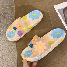Flower Print Platform Slide Sandals For Women, Fashion Stylish Casual Open Toe Thick Bottom Slippers