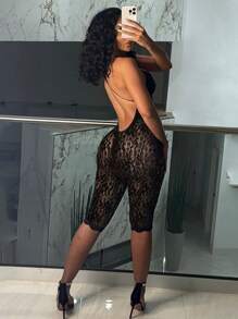 Women Lace Lingerie Jumpsuits Sleeveless Deep V-Neck Sheer Bodycon Back Cross Sleepwear - màu đen - Xem 2