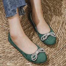 女士平底圆头芭蕾平底鞋，带蝴蝶结装饰，舒适优雅 - 綠色 - 查看 2