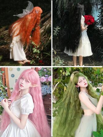 Pelucas sintéticas onduladas blancas de 40/42 pulgadas de largo tipo sirena con flequillo, pelucas negras súper largas y onduladas, pelucas rosa claro, pelucas verde claro, pelucas de reemplazo de cabello natural colorido largo y rizado para que las mujeres las usen y se vayan, pelucas sin pegamento para fiestas de disfraces y pelucas cosplay para niñas