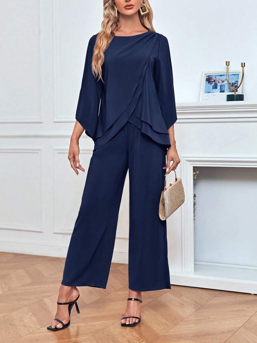Women's Chiffon 2 Piece Mother Of The Bride Pants Suit Asymmetrical Hem Top And Pants For Wedding Party - Navy Blue - View 1