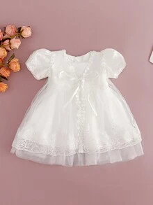 Infant Baby Girls' White Christening Dress, Embroidered Baptism Gown, 0-2 Years - White - View 2