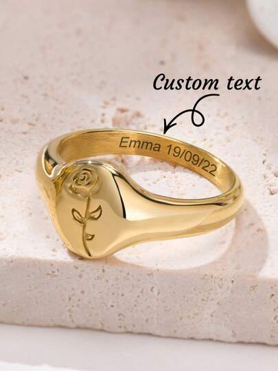 1pc Minimalist Stainless Steel Engraved Rose Flower Ring, Personalized Gift For Girlfriend, Valentine's Day, Laser Engraved Name/Date