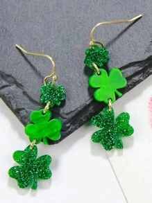 1Pair St. Patrick Glitter Acrylic Green Clover Earrings For Women Holiday Jewelry Gift - Green - View 4