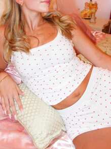 Women 2 Piece Y2K Pajama Set Sleeveless Square Neck Heart Bow Cami Top Shorts Valentine Sleepwear Lounge Matching Set - trắng - Xem 4