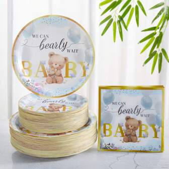 Gold Edge Bear 一次性盘子、餐巾、杯子套装 - 7/9 英寸一次性盘子、餐巾和杯子，Gold Edge Bear 一次性纸盘餐巾杯套装，适合生日派对用品，适合派对装饰和晚宴