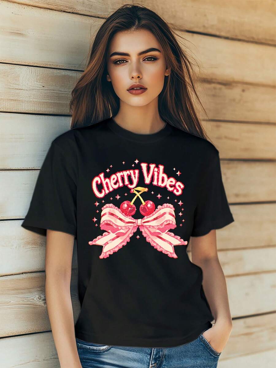 Women'sStreet Retro Style Bow Cherry Letters Print T-Shirt Fashion Short Sleeve Round-Neck Slm Fit Tops Summer Casual Streetwear - Black - View 1