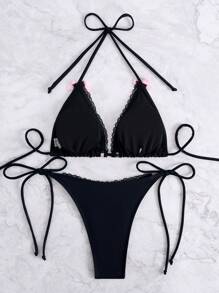 2PCS Women's Sexy Backless Spring Break Beach Resort Swimwear With Bow - Black - View 4