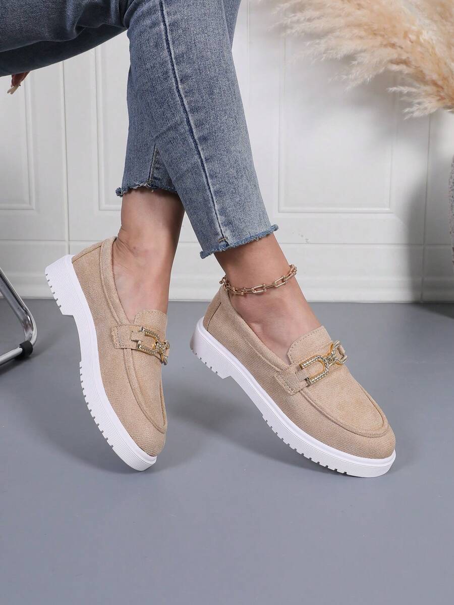 女士厚底乐福鞋，黑色，设计感十足，舒适平底一脚蹬乐福鞋，软底办公船鞋，圆头防滑休闲平底鞋 - 棕色 - 查看 1