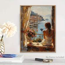 3D Handpainted Oil Painting - Large Oil Painting Depicting A Woman Overlooking The Sea On A Balcony, Modern Style Wall Decor, No Frame Included, Wall Art With Frame - Multicolor - View 4