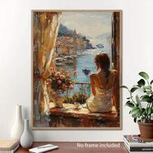 3D Handpainted Oil Painting - Large Oil Painting Depicting A Woman Overlooking The Sea On A Balcony, Modern Style Wall Decor, No Frame Included, Wall Art With Frame - Multicolor - View 5