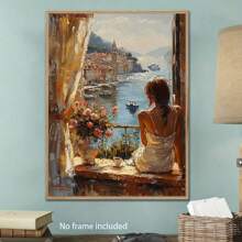 3D Handpainted Oil Painting - Large Oil Painting Depicting A Woman Overlooking The Sea On A Balcony, Modern Style Wall Decor, No Frame Included, Wall Art With Frame - Multicolor - View 7