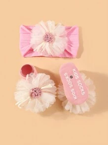 1 件头带和 1 双袜子套装，0-6 个月婴儿弹力提花尼龙头带和花卉装饰袜子，新生儿头饰礼物 - 彩色 - 查看 7