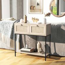 Homasis Console Table Entryway Table Long Sofa Side Table W/ Open Shelf & Rattan Drawers - Oak - View 3