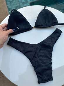 Textured Ribbed Delta Wing Bikini Set With Underwire And Padded Cups - màu đen - Xem 4