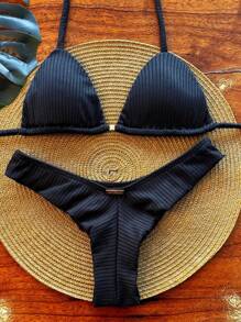 Textured Ribbed Delta Wing Bikini Set With Underwire And Padded Cups - màu đen - Xem 5