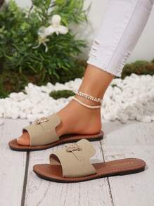 Women's Open Toe Flat Sandals With Metal Leopard Decoration, Strap Slip-On, Khaki Color, Elegant Casual Versatile Summer New Design Ladies Flats,Beach Outfits - Khaki - View 4