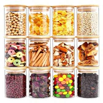 1/3/5/7/9件玻璃储物罐，带密封竹盖的食品储存容器，便携式透明罐，用于茶、咖啡豆、糖、糖果、香料、家庭厨房用品、玻璃瓶