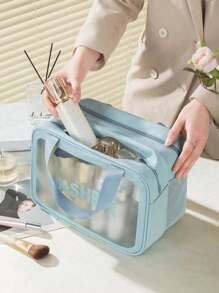 3/1pcs Portable PVC Dry & Wet Separation Bathroom Toiletry Bag, Transparent Double Layer Travel Makeup Organizer Pouch, Waterproof Handheld Washing Bag, Large Capacity Matte Cosmetics Storage Bag, Essential For Cruise, Beach, And Vacation