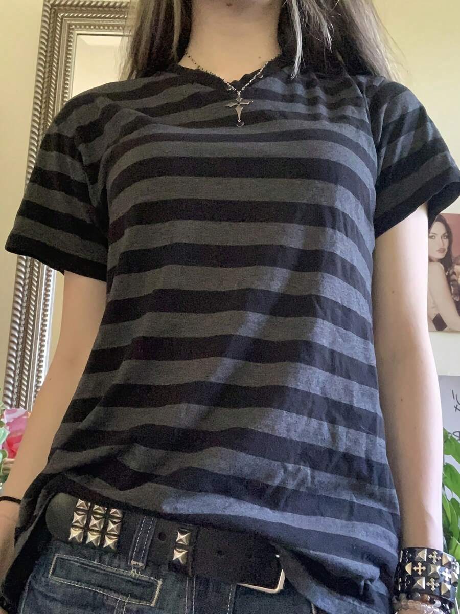 Women Vintage Grunge Top Short Sleeve Striped T-Shirt Goth Emo Tee Shirt Y2K Aesthetic Clothes Harajuku - 藍色 - 查看 1