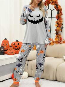 Women's Halloween Pajamas Set Ghost Pumpkin Print Long Sleeve Round Neck Tops With Elastic Waist Long Pants Loungewear - Grey - View 3