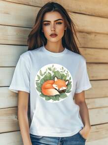 Women'sFox Cartoon Kawaii Print T-Shirt Fashion Short Sleeve Round-Neck Slm Fit Tops Summer Casual Streetwear