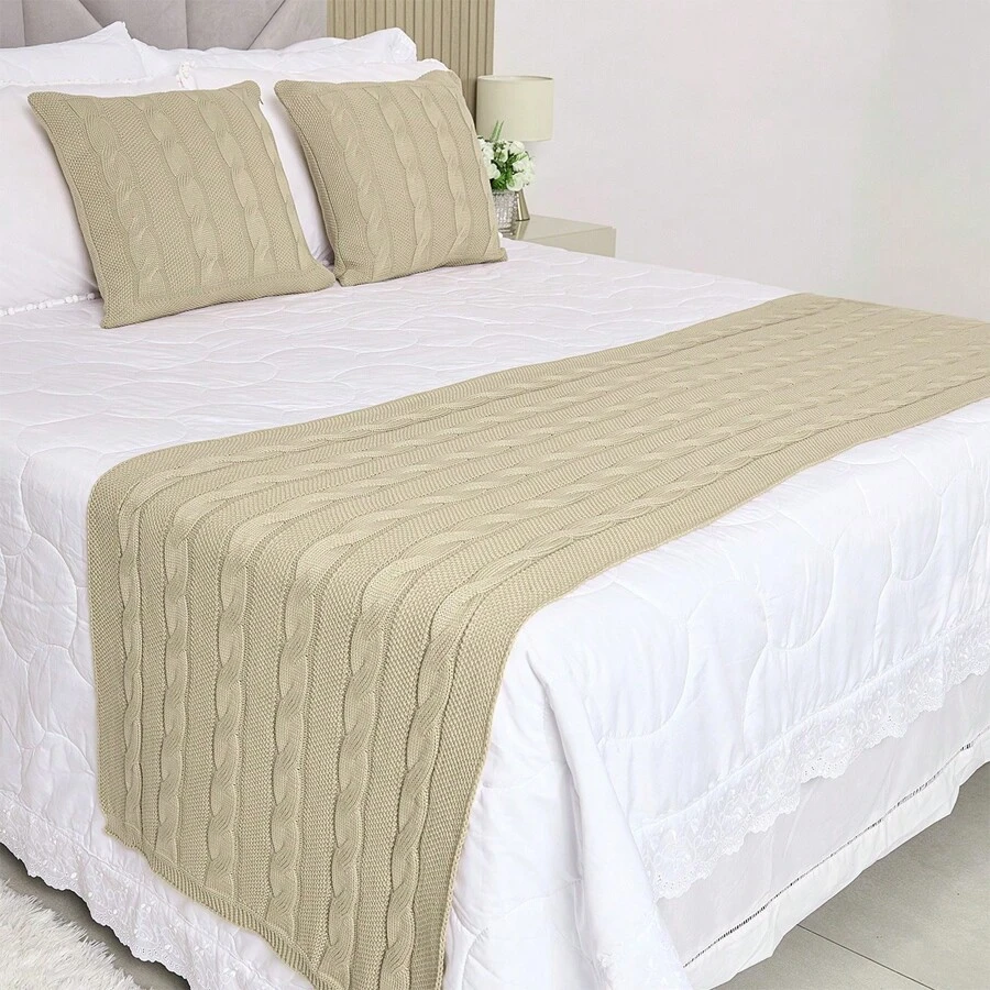 Knitted Blanket Bedspread For Queen Size Bed With Braids - ONLY THE FEET - Khaki - View 1