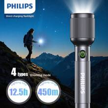 PHILIPS 1 st. Sterke zaklamp, ultralange afstand aluminiumlegering zaklamp met 4 verlichtingsmodi, multifunctionele werklamp voor buiten, noodverlichting voor kamperen in de wildernis, patrouilleredding, kamperen, wandelen, vissen