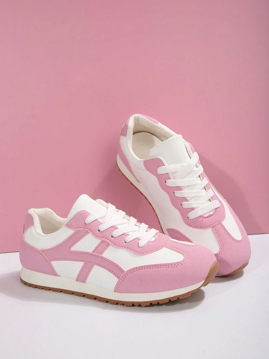 Vintage Stil Plateau Sneaker mit Leder Patchwork, runde Zehe Schnürschuhe für Lässig, Studenten und Outdoor Sport, modische vielseitige Gump Schuhe, Laufschuhe - Pink - Übersicht 1
