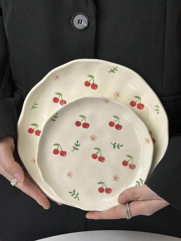1pc Ins-Style Handpainted Asymmetrical Ceramic Plate, Cute Cartoon Cherry Heart Plate, Dessert Snack Dish, Afternoon Tea Cake Plate, Western Dinnerware, Steak Pasta Plate, Fruit Salad Plate, Holiday Gift For Family & Friends