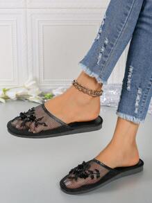 Sandales plates élégantes à décor floral fait main avec perles et sequins pour femmes. Mules confortables, légères et respirantes au style Y2K pour le printemps/été. Semelle extérieure en EVA, idéales pour la plage, les vacances et l'intérieur. - Noir - Voir 3