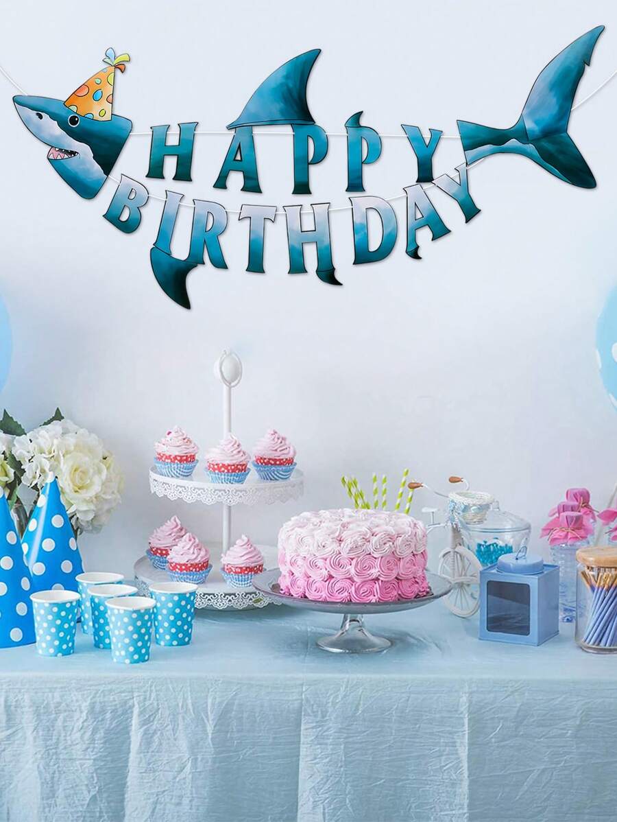1 Set de Bandera con figura de tiburón, Conjunto de banderín con tema submarino para fiesta de cumpleaños, Banderines de papel con diseños de tiburón y elementos submarinos para decoraciones de fiesta de cumpleaños y decoración de habitación - Azul - Ver 1