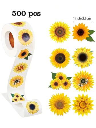500 个/卷可爱卡通向日葵贴纸封条，自粘装饰贴纸，适用于手工工艺品、礼品卡、包装 DIY、防水 PVC 贴花、学校用品、返校