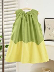 Young Girl Cute Applique Colorblock Casual Dress For Summer - 綠色 - 查看 2