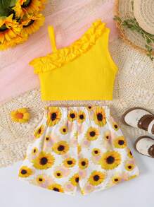 Kleine Mädchen Ärmellose Rüschen Saum Trägerhemd + Sonnenblumen Muster Schleife Dekor Shorts 2 Stücke Set