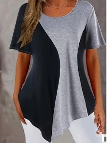 Plus Size Women Contrast Color Short Sleeve T-Shirt Top, Summer - Grey - View 1