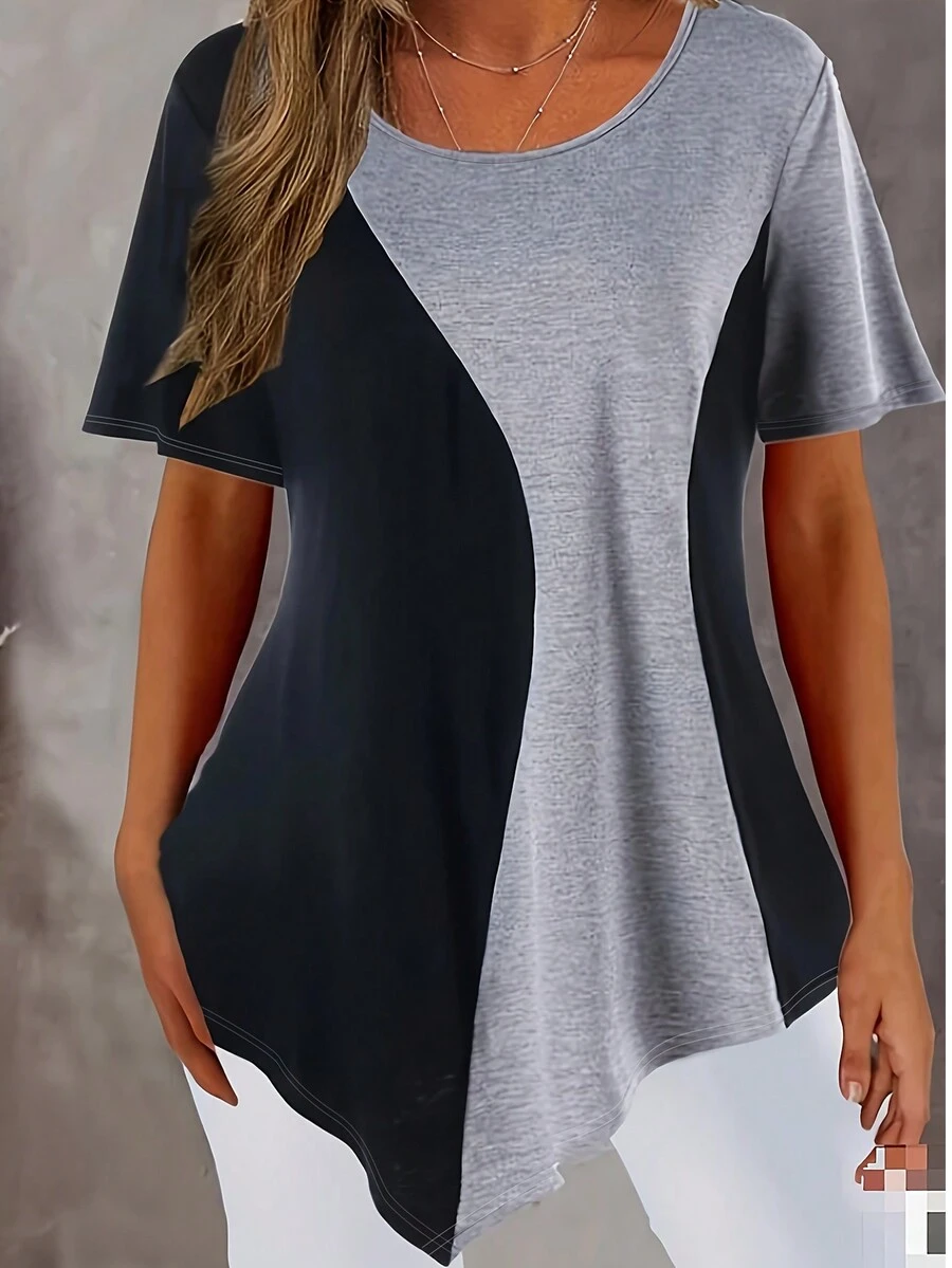 Plus Size Women Contrast Color Short Sleeve T-Shirt Top, Summer - Grey - View 1
