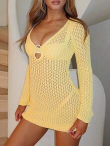 Đầm che bãi biển ngắn tay chữ A khoét lỗ hình tròn gợi cảm tay dài màu trơn - Màu vàng - Xem 4