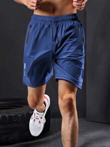 Men's Zipper Pocket Quick-Drying Shorts, Casual Slightly Stretch Breathable Drawstring Shorts For Summer Outdoor - 寶藍色 - 查看 2